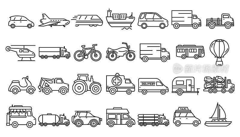 Transportation themed icon set in outline line art style